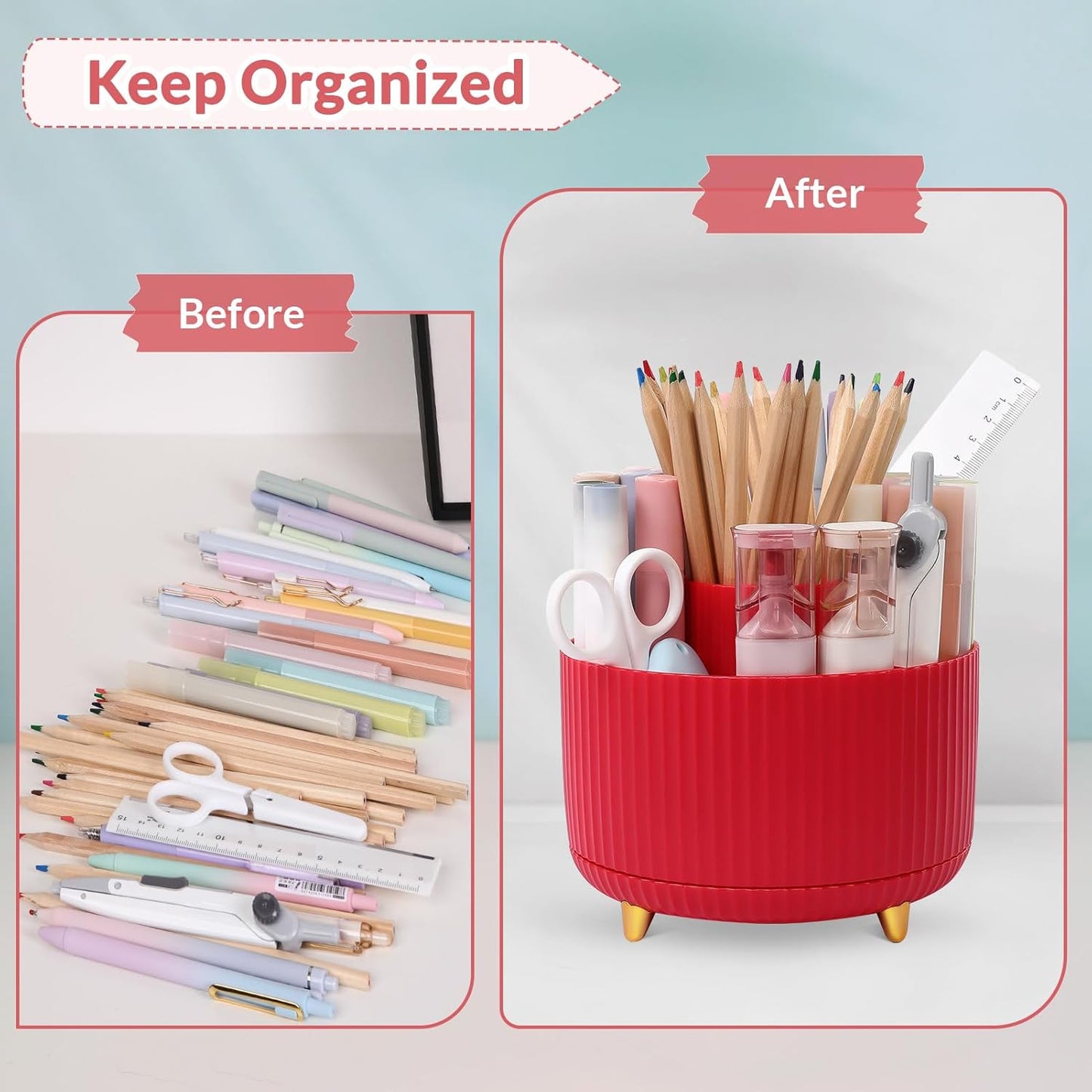 SKYDUE 360 Rotating Plastic Desk Pen Organizer with 5 Slots, Dual-Purpose Art Supply Pencil Cup for Office, School, Home