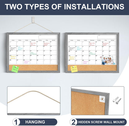 Calendar Whiteboard for Wall, TANKEE 17x13 Inches Whiteboard Calendar Cork Board Combo, Small Magnetic White Board with Wood Framed, Hanging Dry Erase Board for Kitchen Home Office School Planner