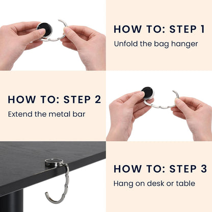 kwmobile Purse Hook for Table - Set of 2 Purse Holder - Folding Handbag Hanger - Portable Bag Holder - Bag Hooks for Desk - Table Hook Black