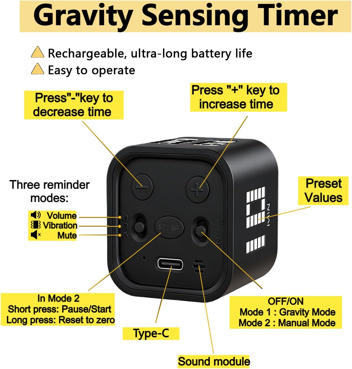 Rotating Digital Cube Timer with Gravity Sensor, 5/10/30/60 Min Preset & Custom Up to 99 Min, USB-C Rechargeable Stopwatch, Vibration Volume Mute Alert for Pomodoro Focus Study Kitchen (Black)