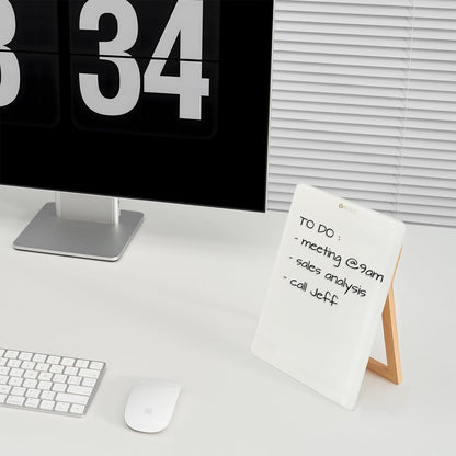 YEOUX Glass Desk Whiteboard with Reversible Wood Stand, Desktop Small White Board, Reusable Mini Dry Erase Board 6.7"x9.5" for Office, Home, School, Marker&Eraser Included