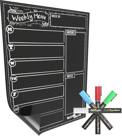 CHALKY CROWN Magnetic Dry Erase Menu Board for Fridge Includes 4 Liquid Chalk Markers - Weekly Meal Planner Blackboard, Grocery List & Notepad for Kitchen Refrigerator - Chalkboard Magnet 15.6" x11.6