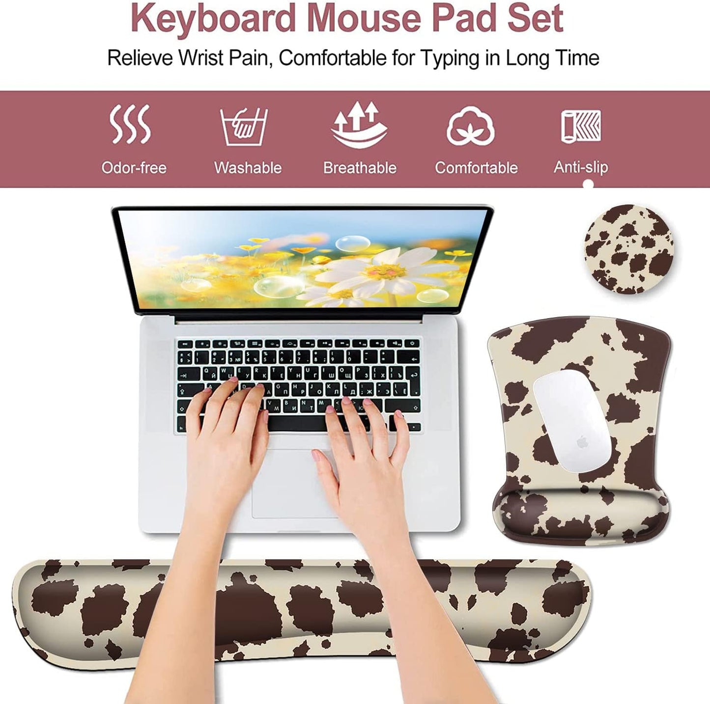 Mouse Pad with Wrist Support, Ergonomic Gel Mouse Pad Beautiful Flowers,Non-Slip Durable, Memory Foam Keyboard Wrist Rest, Suitable for Office Typing Games, Pink Hyacinths on Wood Panel