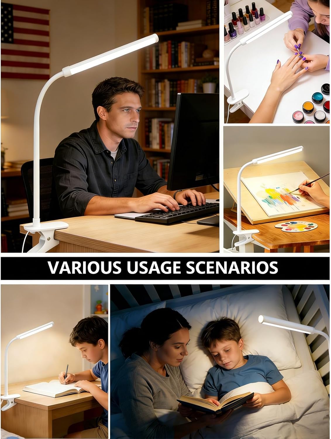 2 Pack Clip On LED Desk Lamp, 3 Lighting Modes 10 Brightness Levels, Flexible Goose Neck Swing Arm Task Lamp, Eye Caring USB Powered Clamp Light for Home Office Study Reading Bedside