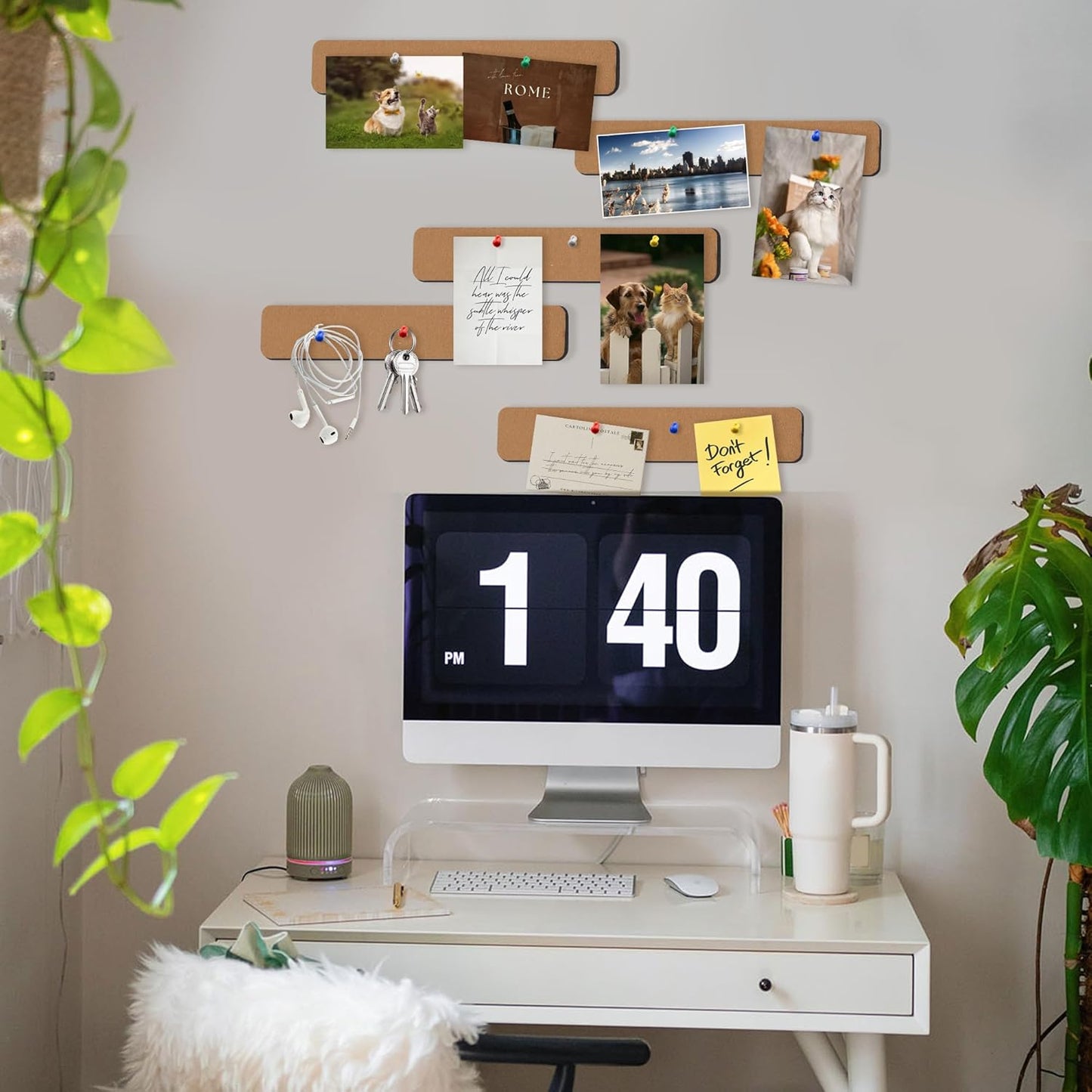 Vuzvuv 8 pcs Bulletin Board Bar Strips with 50 Pushpins & 10 Wooden Clip pins，Self Adhesive Cork Board for Wall，Felt Pin Board for School，Office Decor（Black White Grey）