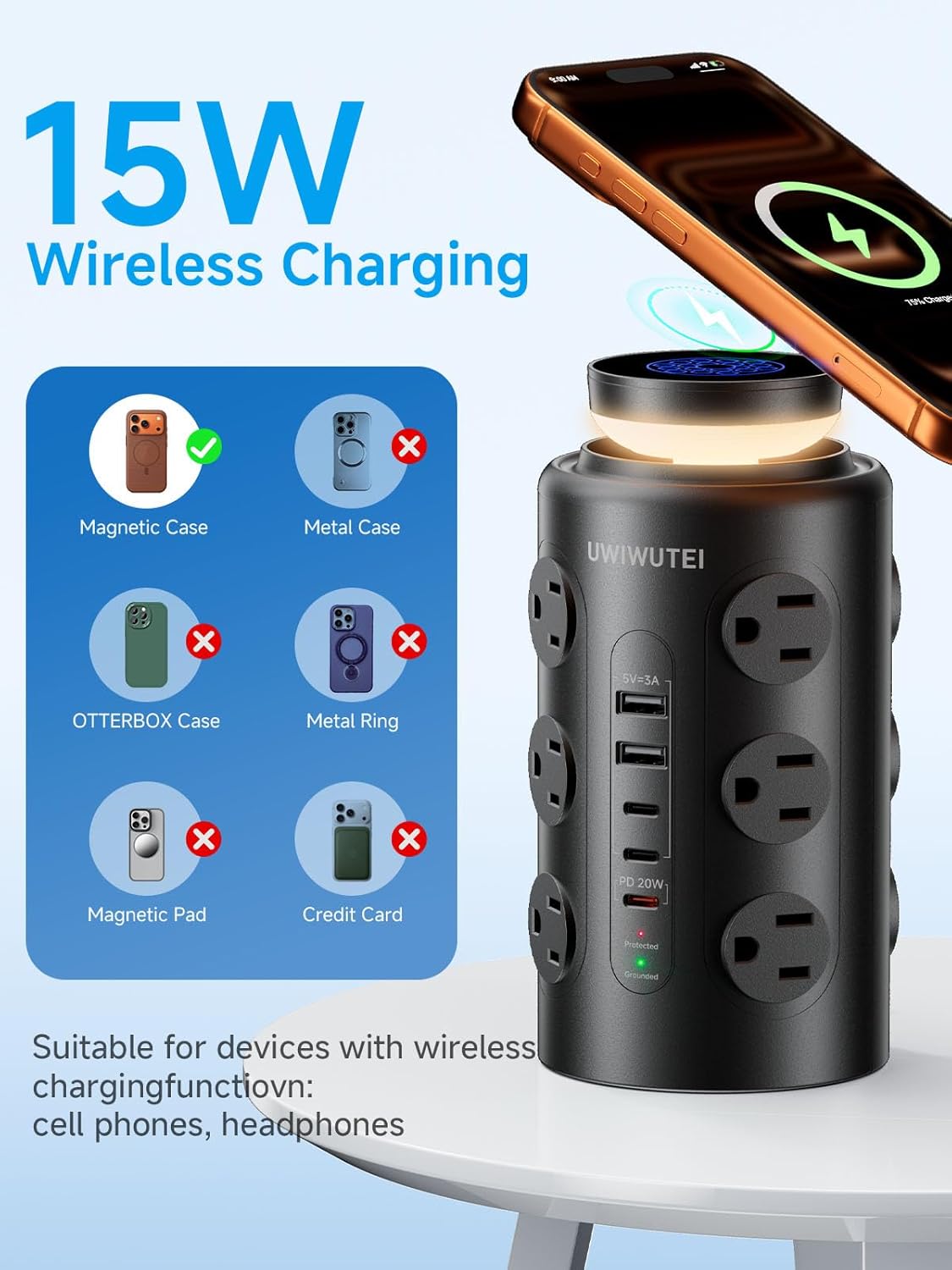 Tower Power Strip Surge Protector with 16 Outlets and 5 USB Ports (2 USB-C), 6FT Extension Cord with Multiple Outlets,Heavy Duty Charging Station,Home Office Dorm Room Essentials. No Wireless Charging
