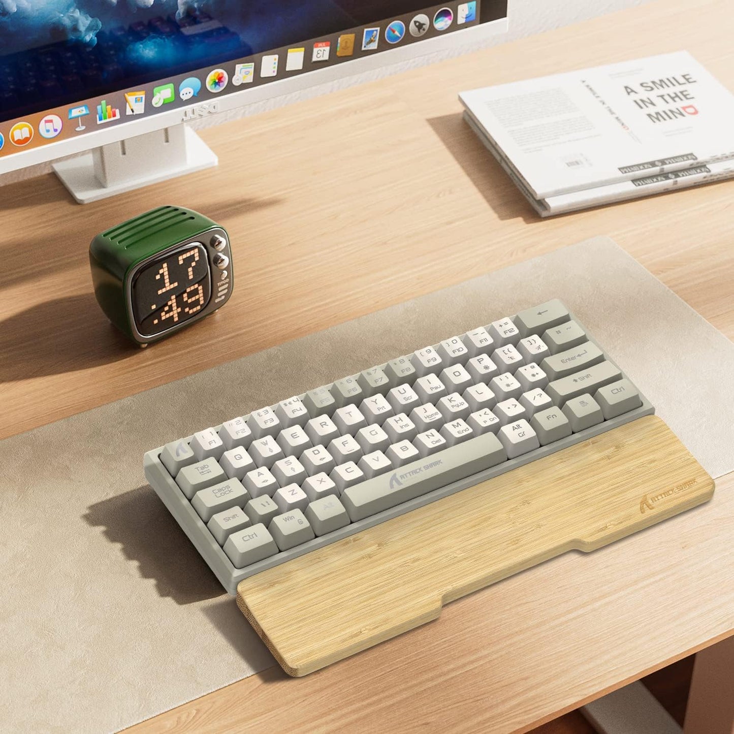 ATTACK SHARK Bamboo Wrist Rest for Computer Keyboard，Ergonomic Hard Palm Rest for Comfortable Typing Pain Relief，Anti-Slip Wrist Support for Office, Gaming, Laptop (98 Key)