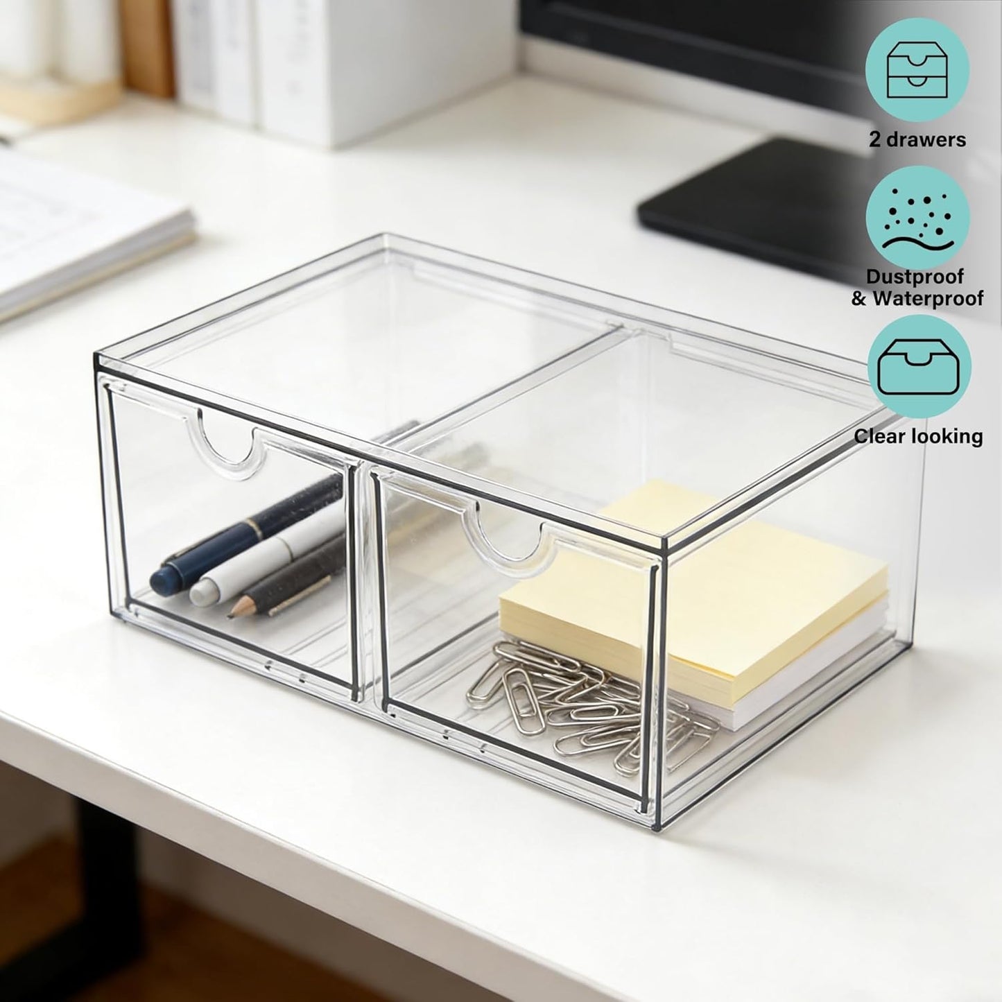 Prsildan Acrylic Drawer Makeup Organizer with 6 Drawers (Not for Baby Bottle), Set of 2 Office Desk Organizers Accessories, Clear Stackable Storage Drawers for Vanity, Craft (Largest Drawer 4" Tall)