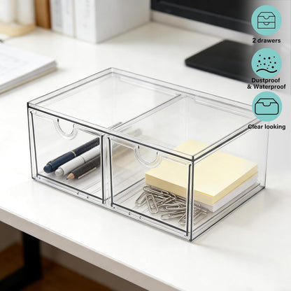 Prsildan Acrylic Drawer Makeup Organizer with 6 Drawers (Not for Baby Bottle), Set of 2 Office Desk Organizers Accessories, Clear Stackable Storage Drawers for Vanity, Craft (Largest Drawer 4" Tall)