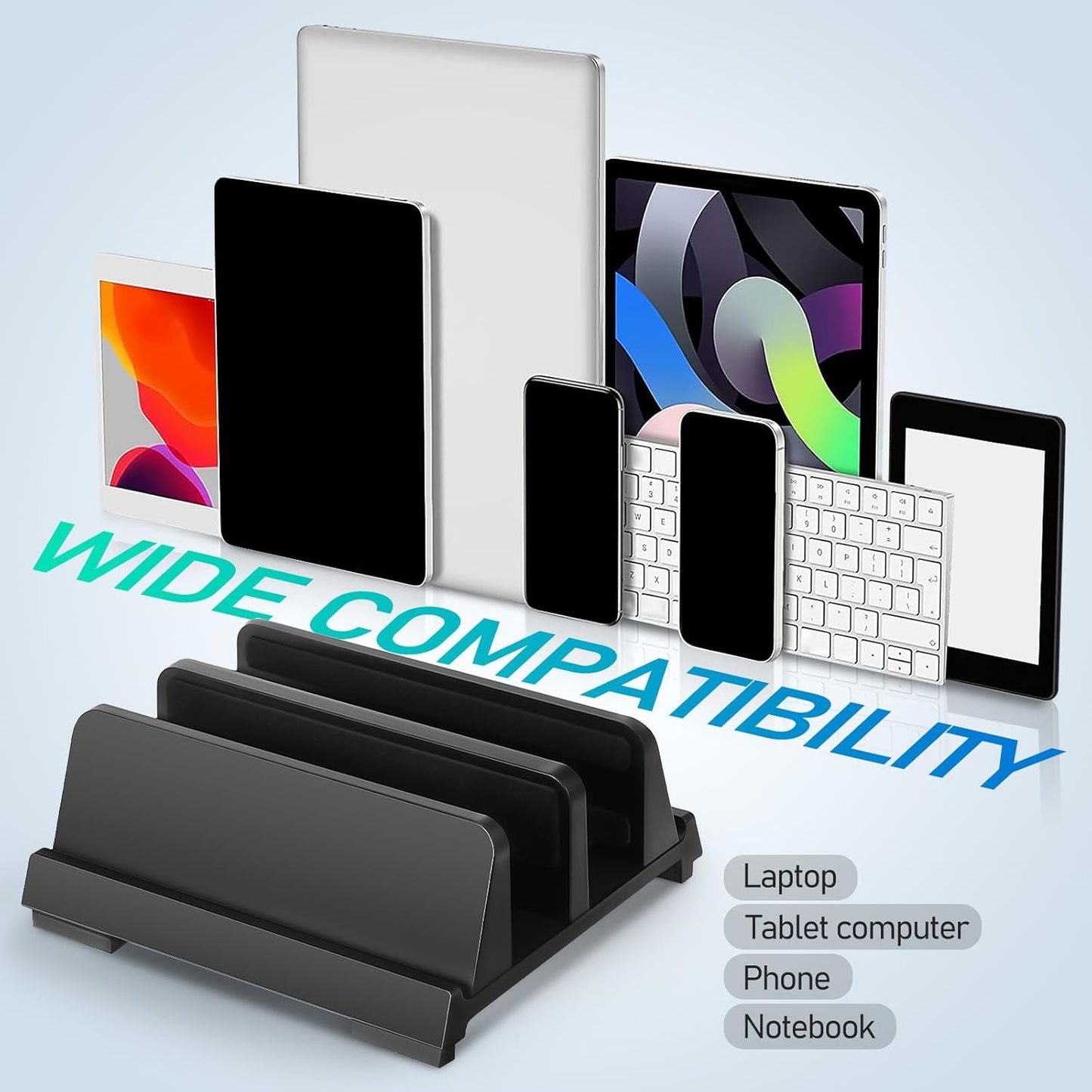 Adjustable Laptop Vertical Stand with Dual Slots Black Desktop Organizer Laptop Holder for Notebook Tablet and Phone Workspace Storage