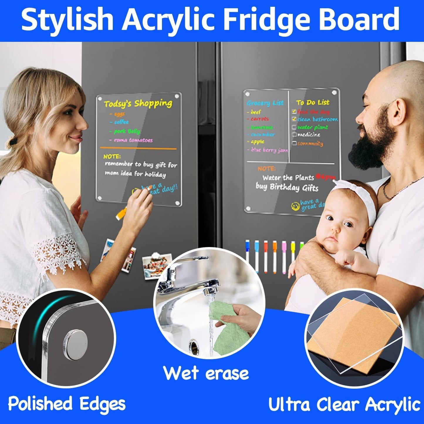 PigPotParty Acrylic Magnetic to Do List Whiteboard for Refrigerator, 12x9.5 Inch Clear Dry Erase Checklist Board, 3-Column Fridge List with Pre-Installed Embedded Magnet, 8 Markers and 1 Towel