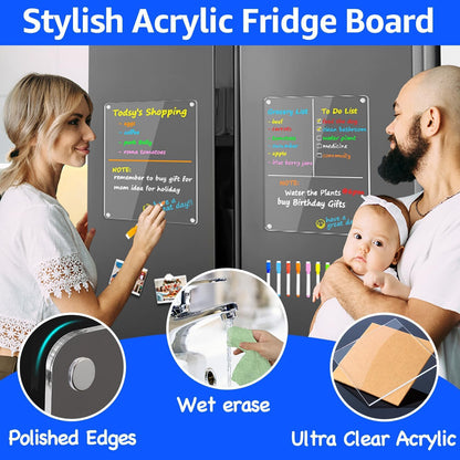 PigPotParty Acrylic Magnetic to Do List Whiteboard for Refrigerator, 12x9.5 Inch Clear Dry Erase Checklist Board, 3-Column Fridge List with Pre-Installed Embedded Magnet, 8 Markers and 1 Towel