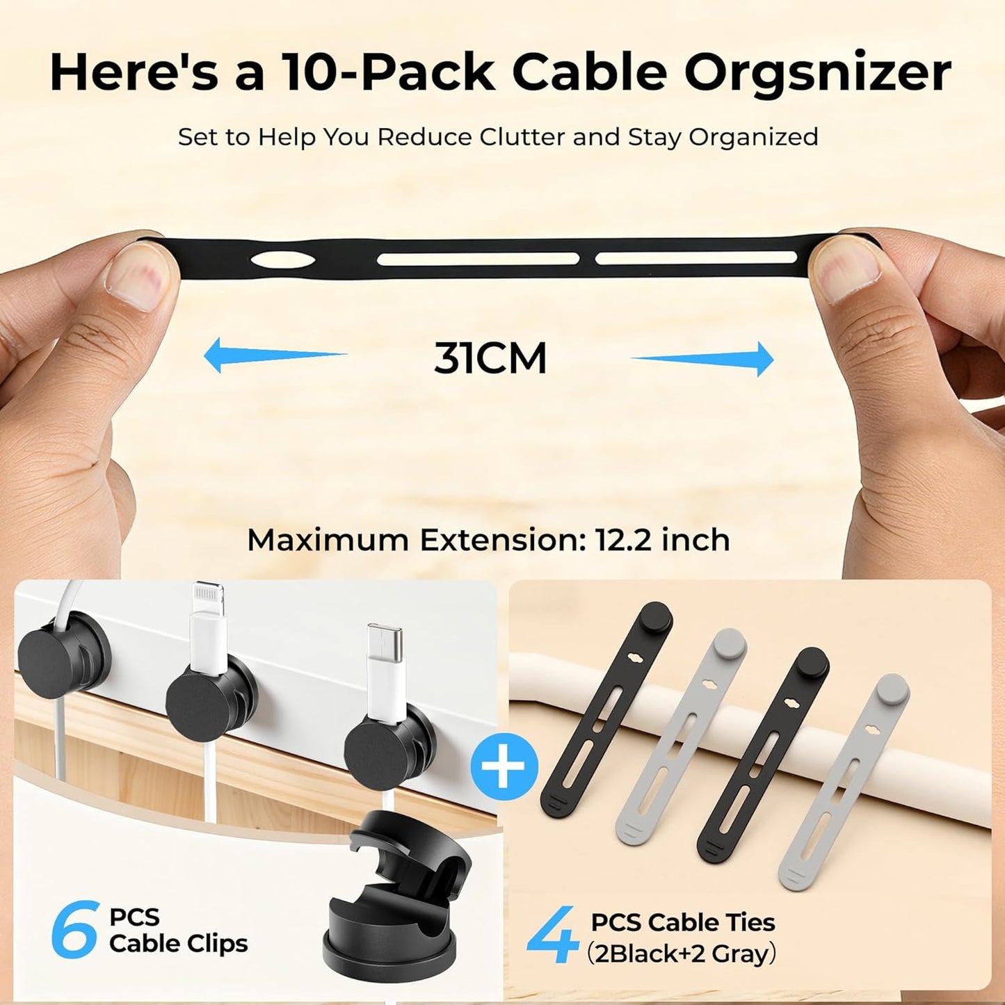 360° Rotatable Cord Organizer Set: 10 Pack Cable Holders & Silicone Cable Straps, Adhesive Wire Fixer for Desk Phone Charger, Nightstand Cable Management for Home Travel Office Accessories Black