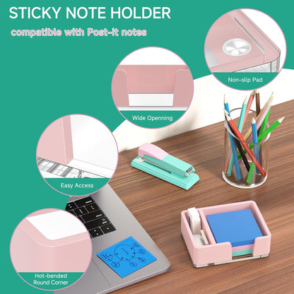 Sticky Note Holder, Glitter Pink Acrylic Notepad Holder 3x3 in Self-Stick Note Dispenser Office Desk Accessories, Memo Pad Holder Organizer for Classroom School Supplies