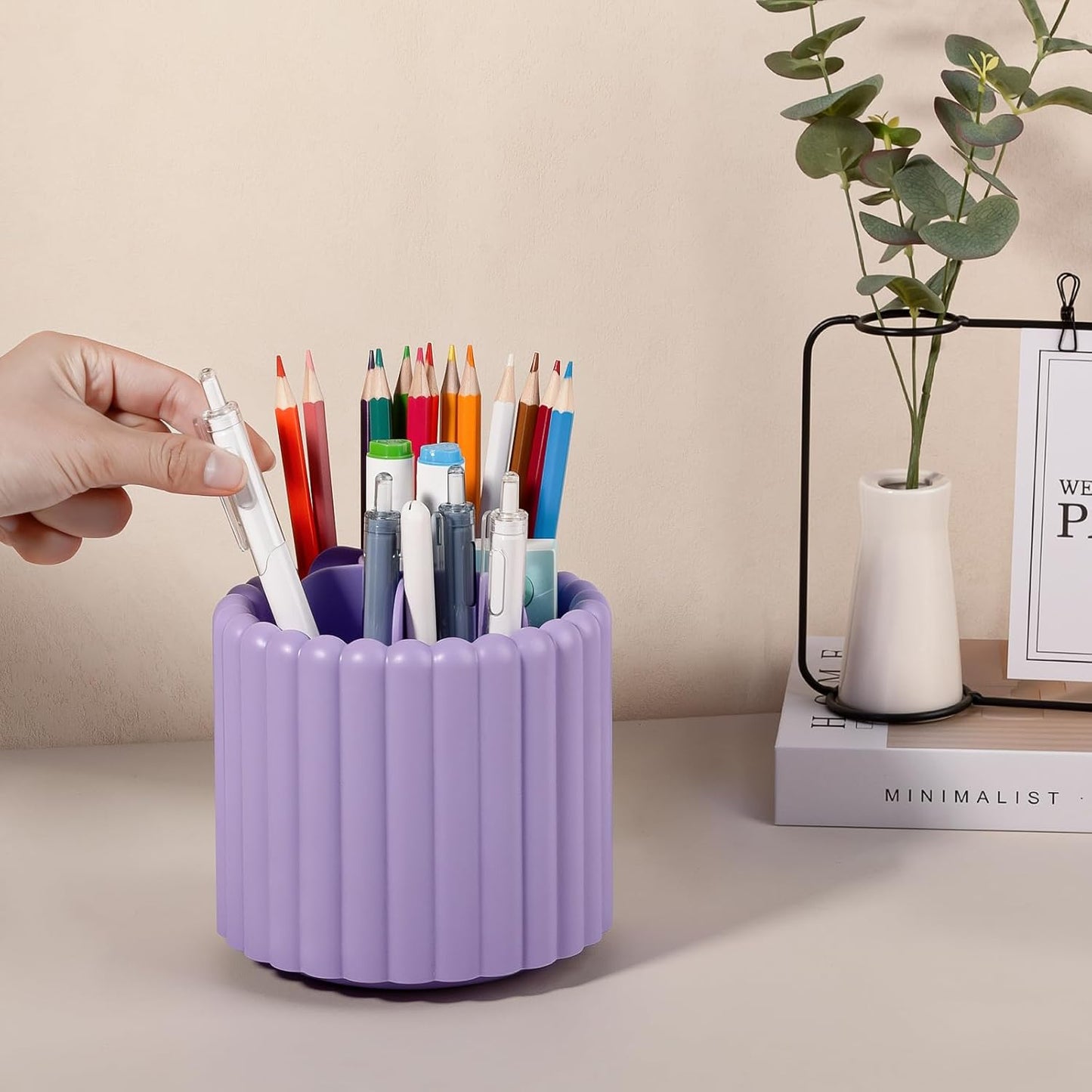 Anyoifax 360° Rotating Pen Holder 7 Slots Desk Organizer Removable Pencil Cup Plastic Art Supplies and Accessories Desktop Storage Box Caddy for Office, School, Home (White)