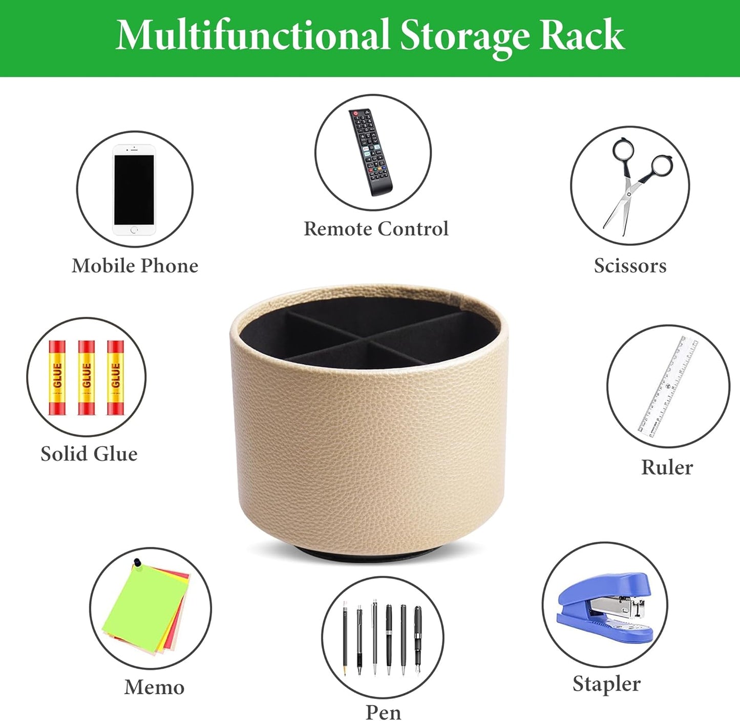 Round Leather Art Supply Organizer,Remote Control Holder,360 Degree Rotating,Multi-Functional Pencil Holder,4 Compartments Desktop Stationary Organizer(1-Fractal Flower) | Round - Colors A