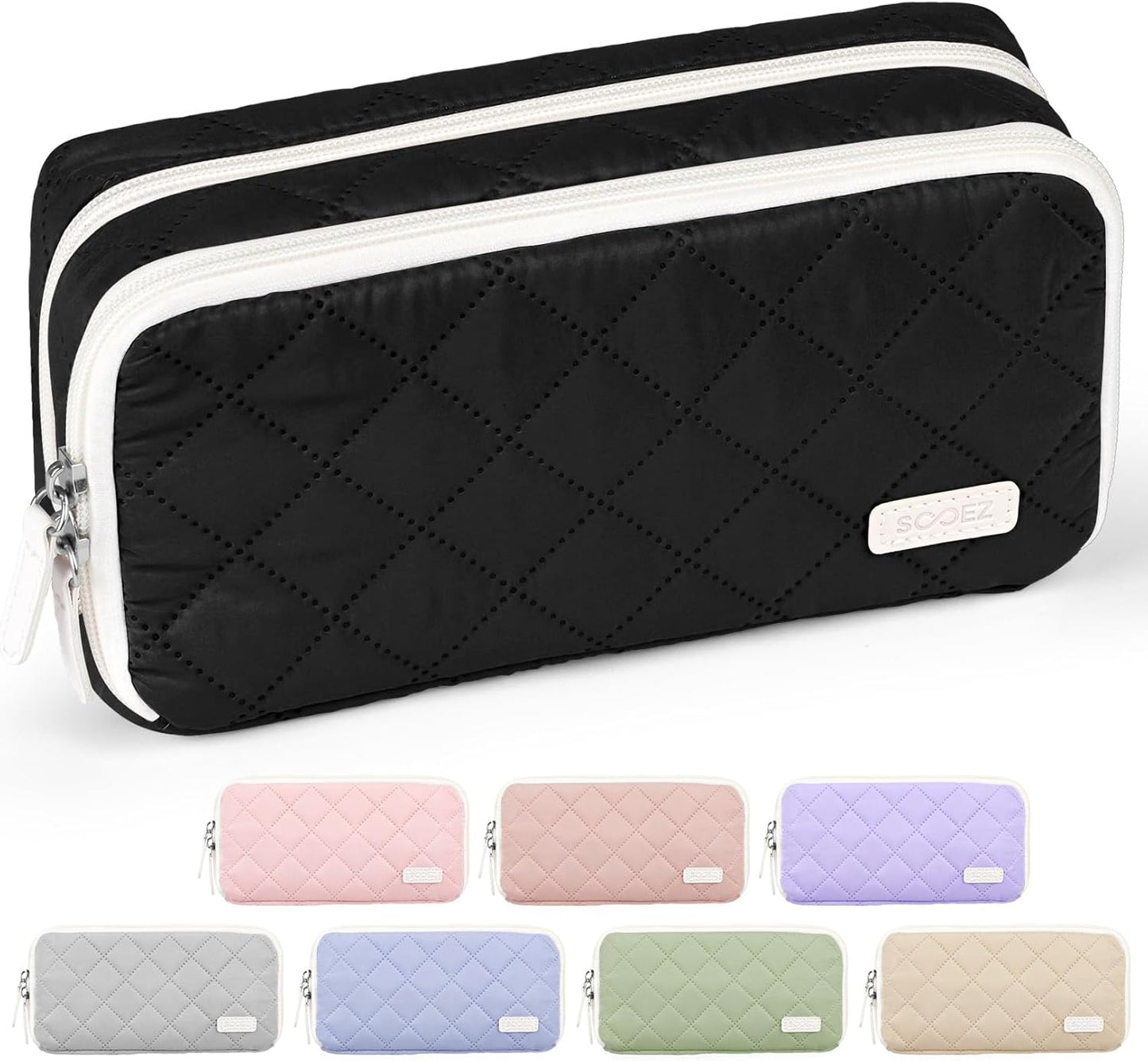 Sooez Large Pencil Case Pouch, Extra Big Pencil Bag with 8 Compartments, Pen Bag Wide Opening, Soft Quilted Pencil Pouch Organizer with Zipper, Portable Pencil Case for Teen Girls, Pink