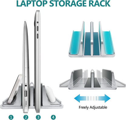 Vertical Laptop Stand Aluminum Heavy Duty, 4 Slots Double Adjustable MacBook Stands Laptop Holder Compatible w' All iPad Surface Dell Samsung HP Chromebook Upto 17.5' - Gray