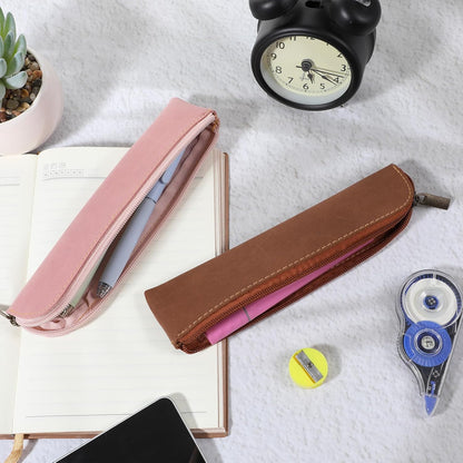 Psyqtsuary Leather Pencil Case, 2 Pcs Slim Small Pencil Pouch Portable Flat Pen Pouch with Zipper Simple Makeup Bag Lipstick Case for Women Men Home, Office, Travel Outdoor (Black, Claret)