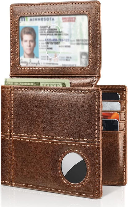 Mens Wallet With AirTag Holder, Bifold Leather RFID Blocking 1-2 ID Windows 12-13 Card Holders, Gift Box and Screen Protector Included, AirTag Not Included