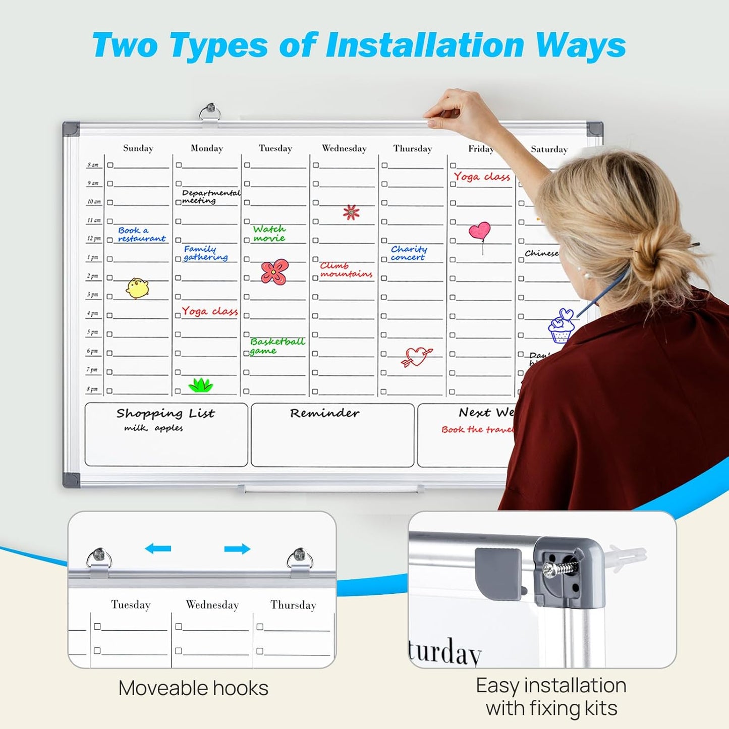 ONAVIA Desktop Whiteboard with Stand, 16"×12" Double-Sided Magnetic Dry Erase Calendar, Weekly Monthly Schedule with Time Slots, Portable for Home, Office, Planning, Memo, to Do List