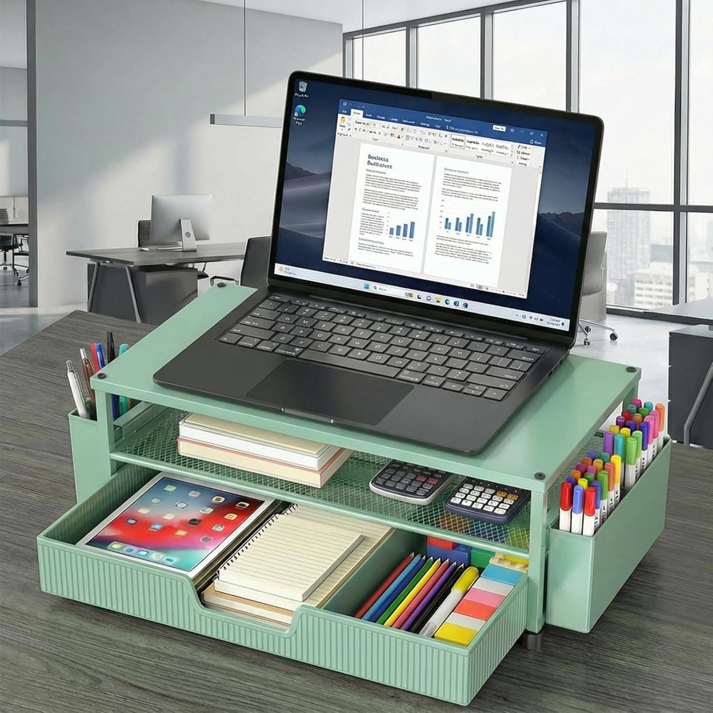 ECOLOVI Desk Organizer and Accessories, 2-Tier Computer Monitor Stand Rise with Storage Drawer & 2 Pen Holders, Laptop & Printer Stand for Desktop, Workspace Organizers for Office Supplies (Brown)