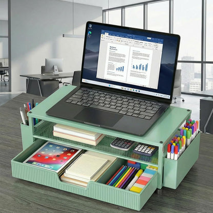 ECOLOVI Desk Organizer and Accessories, 2-Tier Computer Monitor Stand Rise with Storage Drawer & 2 Pen Holders, Laptop & Printer Stand for Desktop, Workspace Organizers for Office Supplies (Brown)