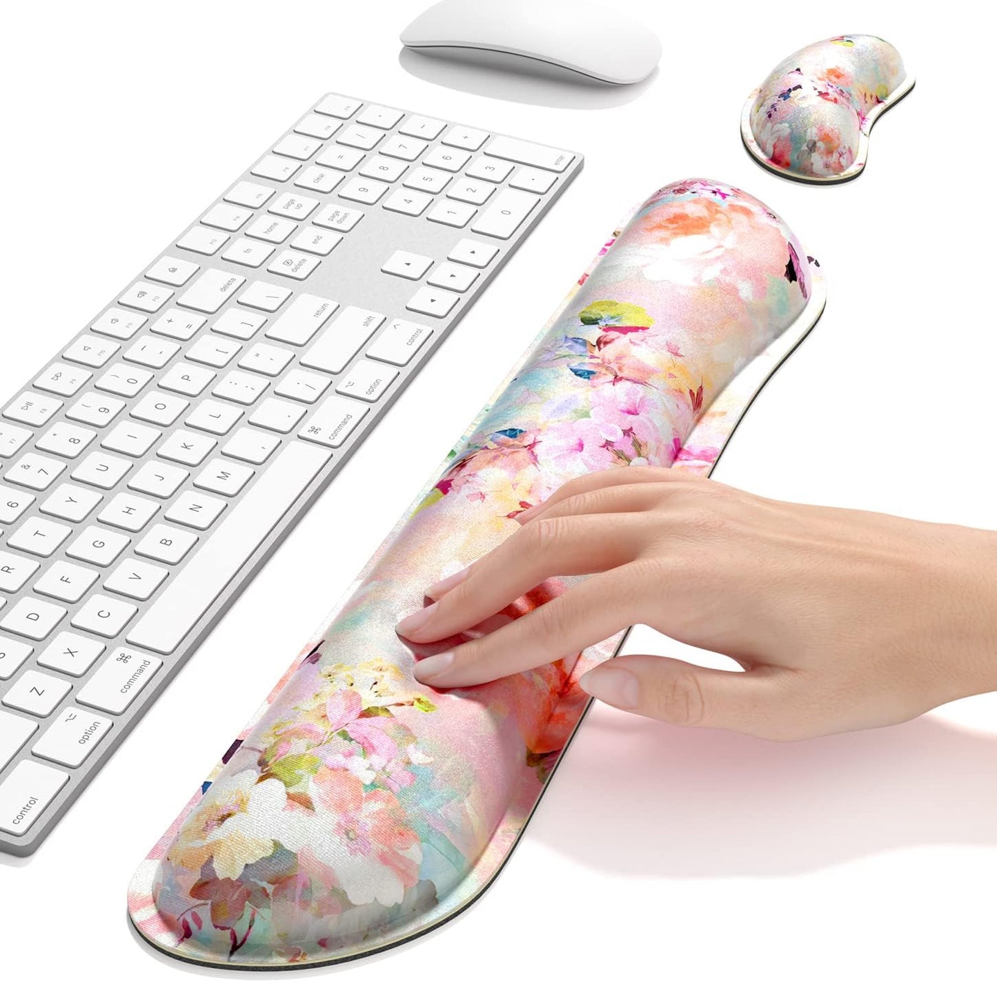 Dapesuom Enlarge Keyboard Wrist Rest, Memory Foam Wrist Cushion for Desk Mat Support, Cute Pain Relief Keyboard Mouse Pad Rests Set with Non-Slip Base for Gaming Laptop Office Computer, Elegant Flower