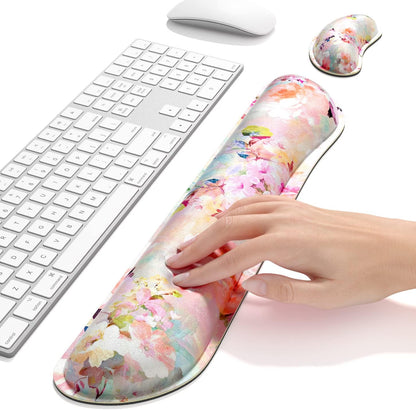 Dapesuom Enlarge Keyboard Wrist Rest, Memory Foam Wrist Cushion for Desk Mat Support, Cute Pain Relief Keyboard Mouse Pad Rests Set with Non-Slip Base for Gaming Laptop Office Computer, Elegant Flower