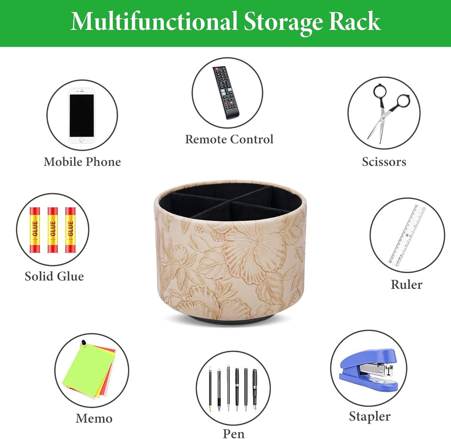 Round Leather Art Supply Organizer,Remote Control Holder,360 Degree Rotating,Multi-Functional Pencil Holder,4 Compartments Desktop Stationary Organizer(1-Fractal Flower) | Round - Colors C