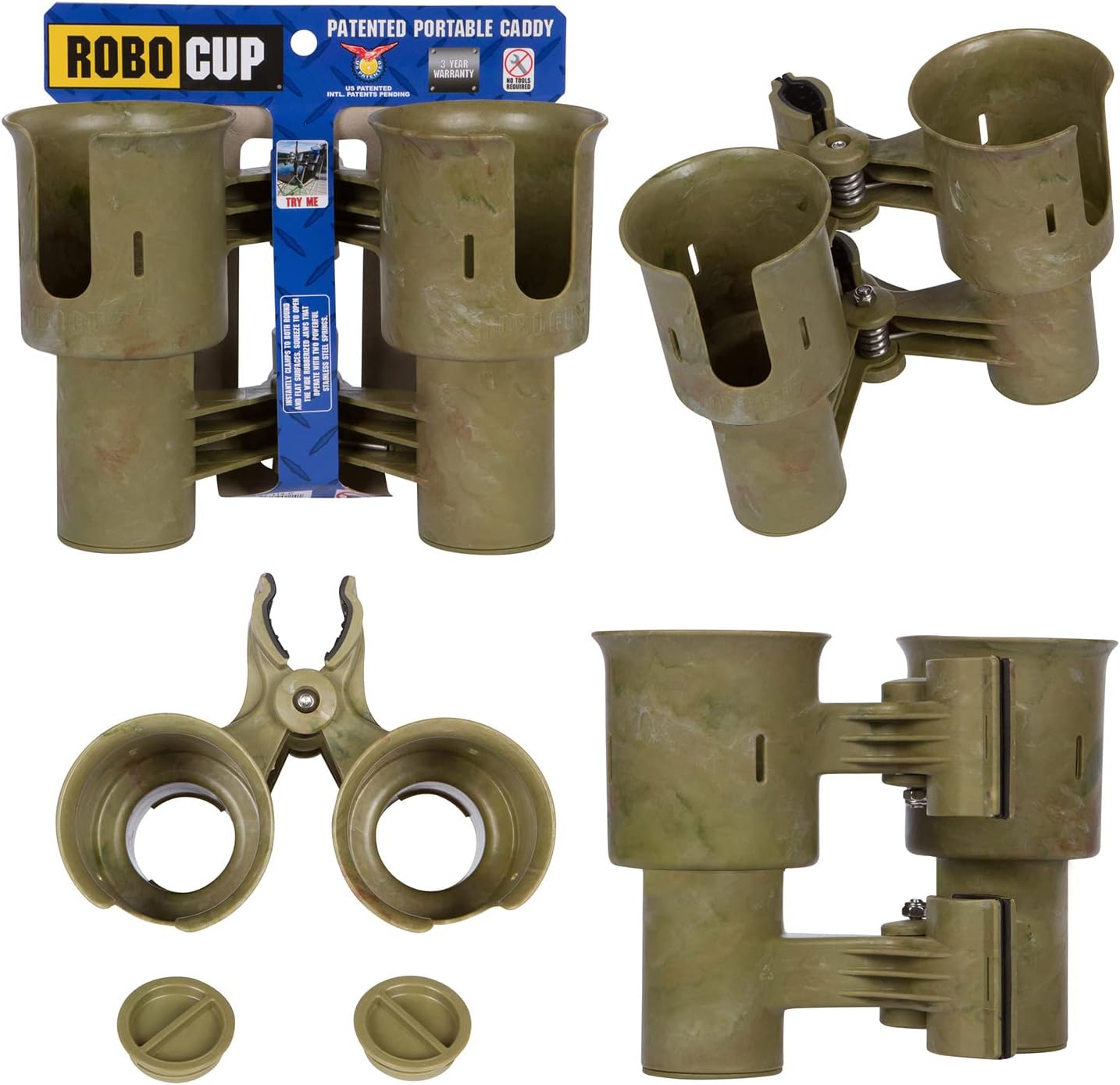 ROBOCUP, (White), Patented Clamp On Boat Cup Holder |Multifunction Dual Drink Caddy for Fishing Poles, Tools, Net, Gaff |Portable Storage for Boating, Beach, Umbrellas, Golf Carts, Strollers