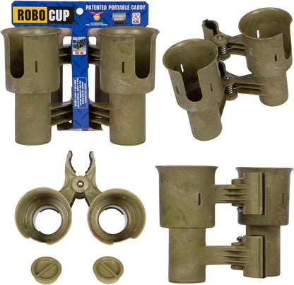 ROBOCUP, (White), Patented Clamp On Boat Cup Holder |Multifunction Dual Drink Caddy for Fishing Poles, Tools, Net, Gaff |Portable Storage for Boating, Beach, Umbrellas, Golf Carts, Strollers
