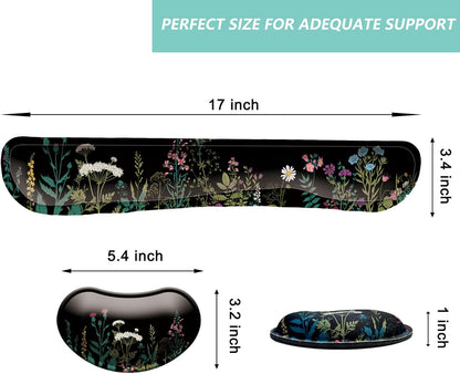 Keyboard Wrist Rest Mouse Wrist Support Set, Memory Foam Wrist Rest Pad for Computer Laptop Keyboard Mouse, Ergonomic Wrist Cushion Support for Typing Pain Relief, Gaming Home Office, Flowers Grass