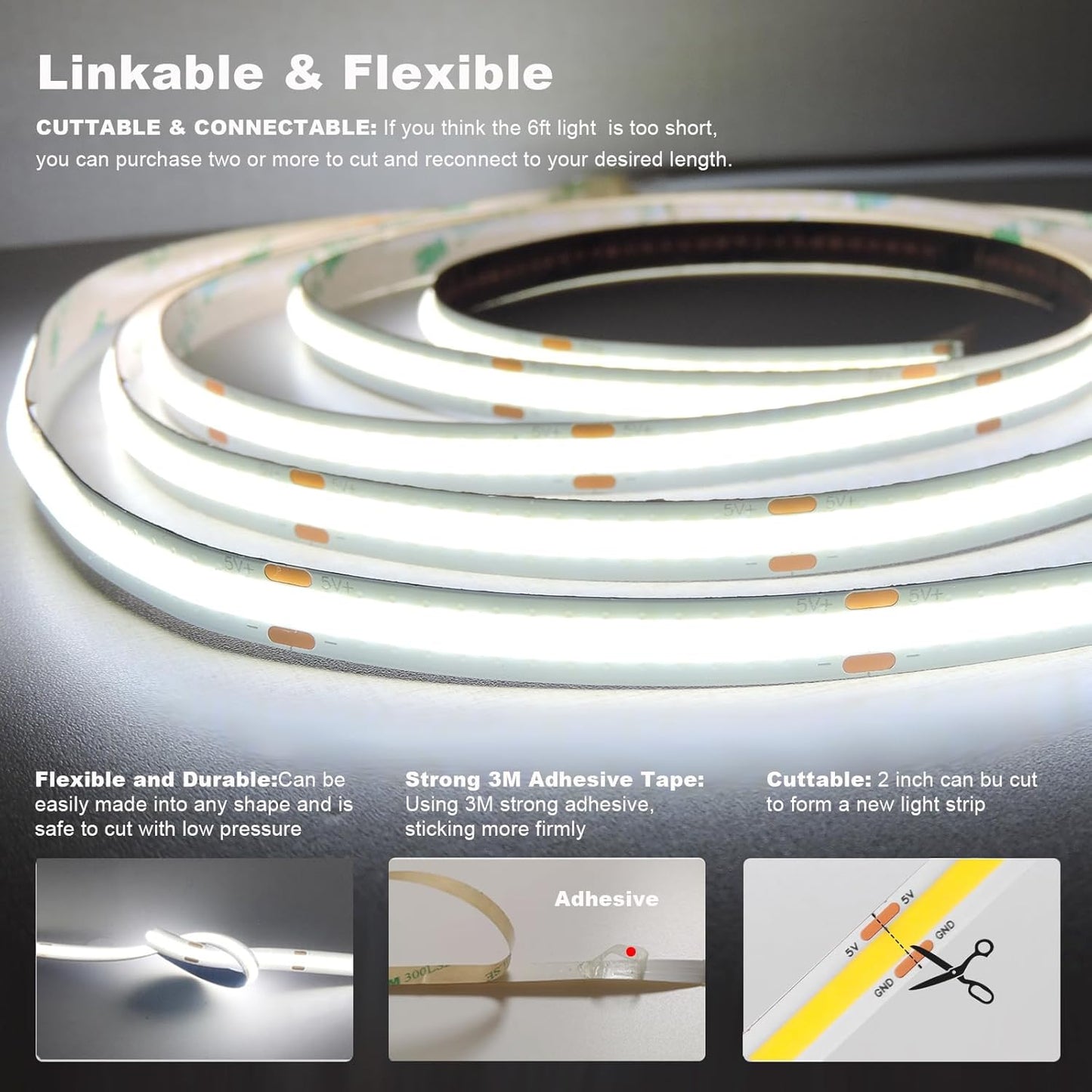 USB Light Strip Warm White 3000K CRI 92+ Small Dimmable COB LED Strip Light Cuttable 5V USB Powered 6 ft 10W for TV Backlight Cabinet Bedroom Indoor DIY Lighting Project