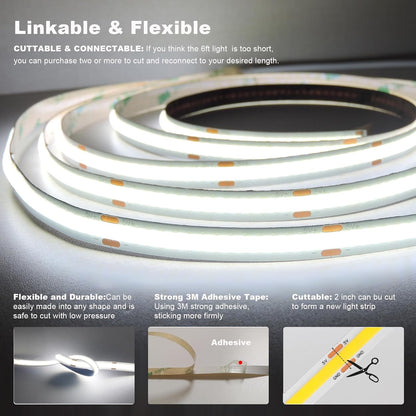 USB Light Strip Warm White 3000K CRI 92+ Small Dimmable COB LED Strip Light Cuttable 5V USB Powered 6 ft 10W for TV Backlight Cabinet Bedroom Indoor DIY Lighting Project