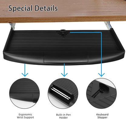 TOOCUST Under Desk Keyboard Tray, 20" Wx11"D Sturdy Key Board Tray Under Desk Slide with Pen Tray, Desk Extender with Pen Holder,Black