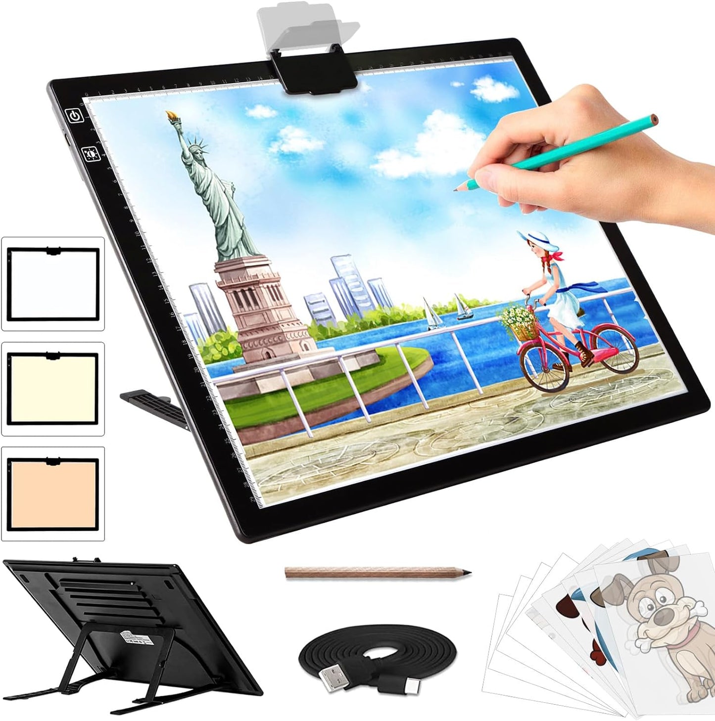 Rechargeable A4 Light Pad - Stepless Dimmable 6 Levels Brightness Tracing Light Box, Diamond Painting Light Board with Top Clip, Battery Powered Portable Light Pad for Weeding Vinyl Tracing