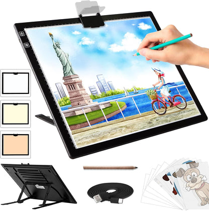 Rechargeable A4 Light Pad - Stepless Dimmable 6 Levels Brightness Tracing Light Box, Diamond Painting Light Board with Top Clip, Battery Powered Portable Light Pad for Weeding Vinyl Tracing