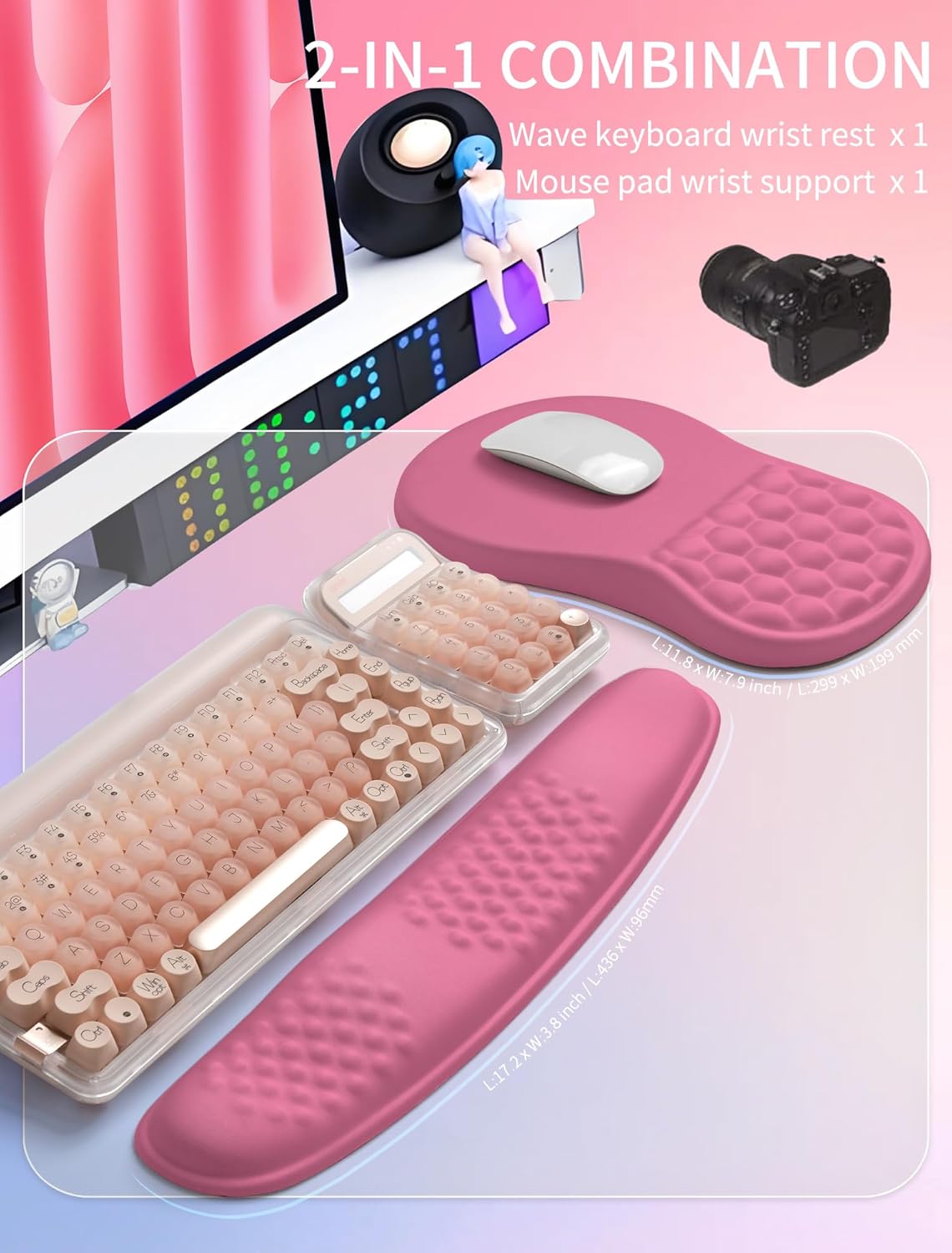 Hokafenle 2in1 Combination, Wave Keyboard Wrist Rest and Ergonomic Curvature Mouse Pad Wrist Support for Relieve Wrist Pain, Filled with Soft Cushion Memory Foam, Black