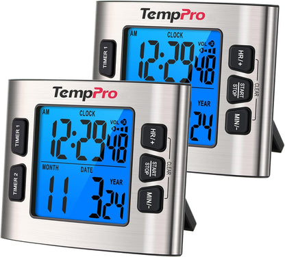 TempPro TM02 24H Digital Timer with Dual Kitchen Timers for Cooking, Magnetic Timer Clock with Adjustable Alarm Volume & LCD Backlit Display, Classroom Timer for Kids & Teachers(Previously ThermoPro)