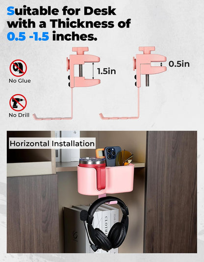 KEMIMOTO Desk Cup Holder with Headphone Hanger, 2 in 1 Caddy Organizer for Office Table, Lawn Chair, Golf Cart, Pontoon Boat, Fit for Most 18-32 oz Bottles (1)