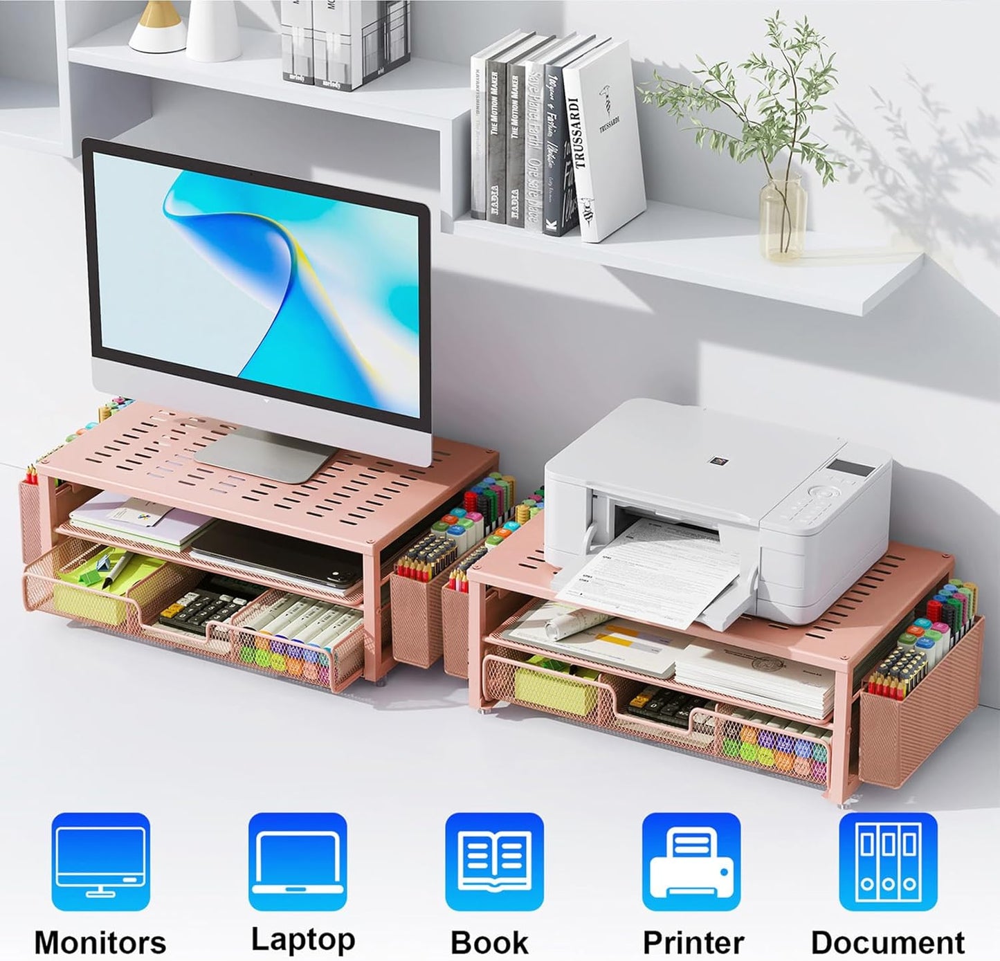 gianotter Monitor Stand Riser, Office Desk Shelf Organizer, Desk Organizer with Drawer and Pen Holder, 2-Tier Computer Stand, Office Organization (Ink)