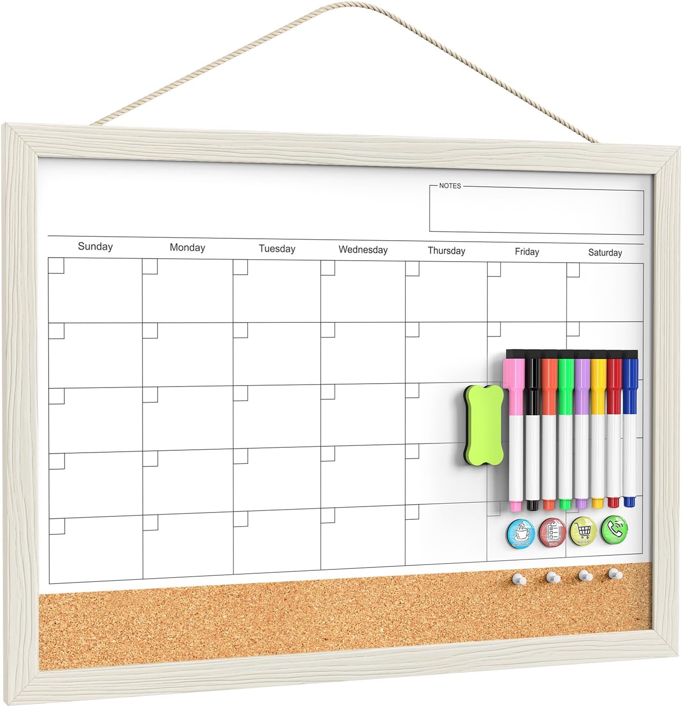 Calendar Whiteboard for Wall, TANKEE 17x13 Inches Whiteboard Calendar Cork Board Combo, Small Magnetic White Board with Wood Framed, Hanging Dry Erase Board for Kitchen Home Office School Planner