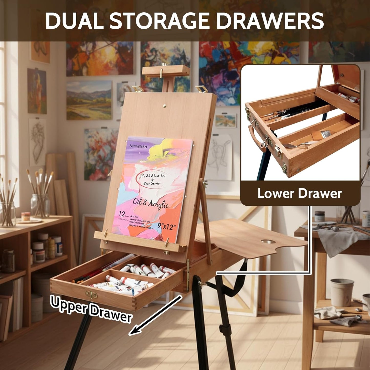 Falling in Art Light Weight French Style Field and Sketchebox Easel with Aluminum Tripod, Adjustable Beechwood Tripod Standing Easel with Drawer, Palette