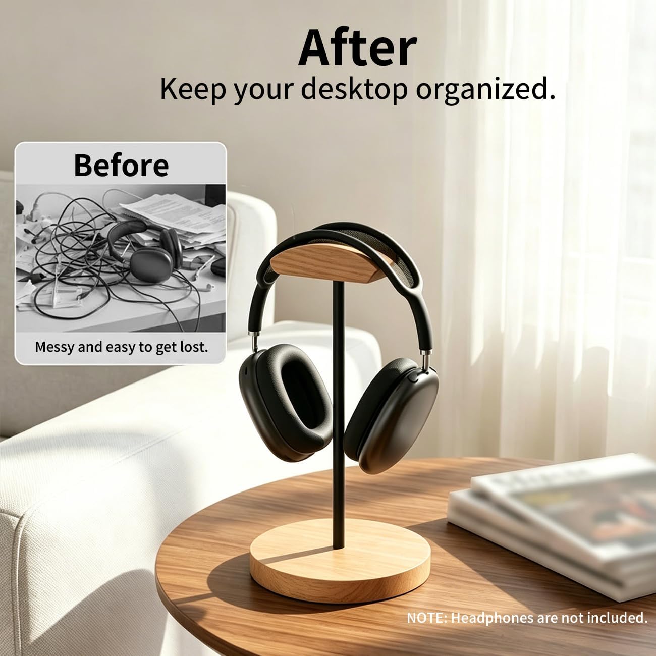 Headphone Holder Stand for Desk, Wood and Metal Headset Hanger Mount Hook Gaming Holder Desktop Earphone Artful Functional Craftsmanship Stand for All Headsets with Solid Wooden Base
