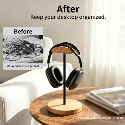 Headphone Holder Stand for Desk, Wood and Metal Headset Hanger Mount Hook Gaming Holder Desktop Earphone Artful Functional Craftsmanship Stand for All Headsets with Solid Wooden Base