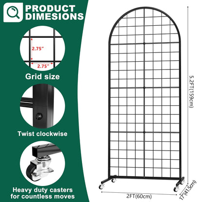 Asee'm Grid Wall Panels Display Stand 2' x 5.2' FT Black Movable Wire Grid Wall Display Rack Heavy Floorstanding Detachable Girdwall Panel with T-Base for Craft Show Rack, Retail Displays 1PCS