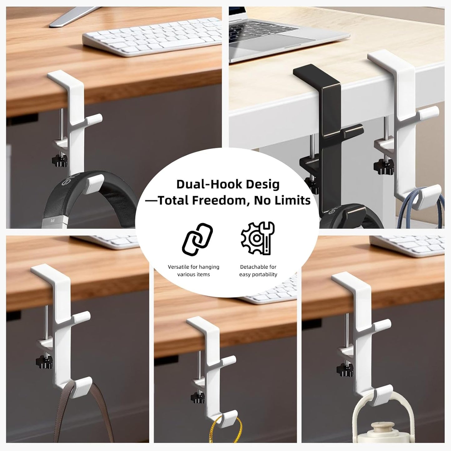 Desk Mount Bag Holder Hook Clamp,On Backpack Hanger Portable Desk Mount Headphones Holder for Reduce Desk Clutter Table Desk Table Hanging Storage (1 Pcs-Double Hook White)