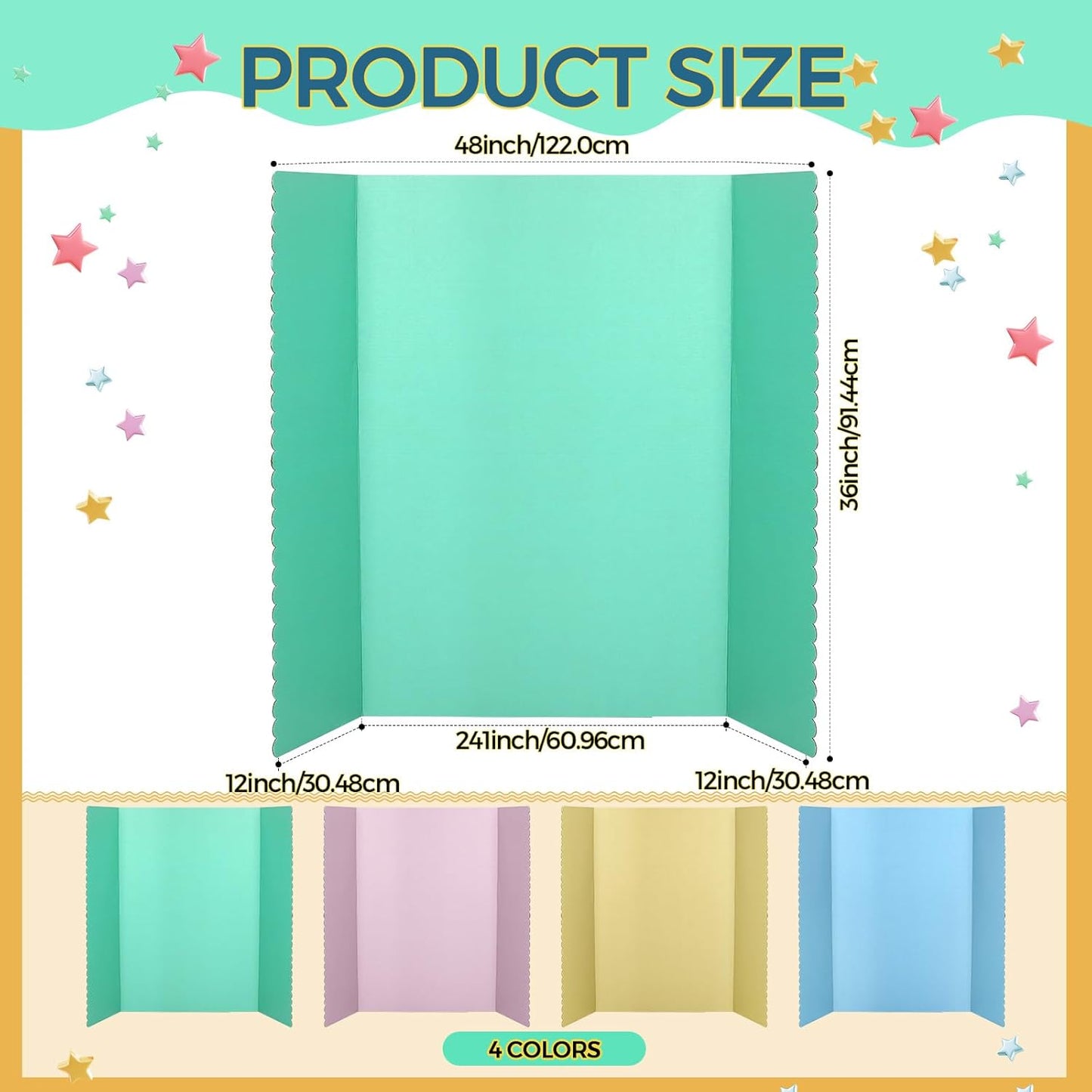 Mooliwe 4 Pack 24" X 16" Trifold Poster Board, Medium Tri Fold Boards Foldable Corrugated Presentation Display Scalloped Borders for Science Fair Events, School Projects, Exhibitions (Macaron)