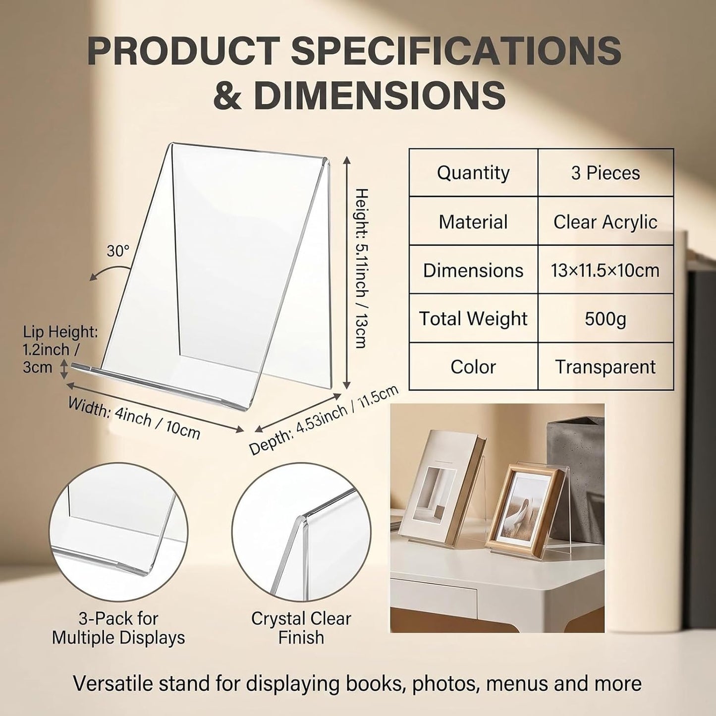 3Pcs Transparent Acrylic Book Stand Clear Book Display Stand Easel Tablet Holder Desktop Decorative Storage Shelf for Notebooks Picture Albums Artworks (100x115x130 MM)